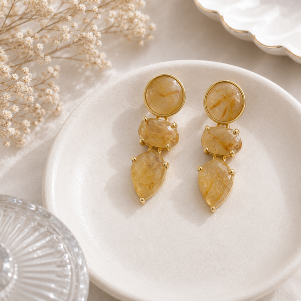 Golden Rutilated Quartz Sterling Silver Gold Plated Earrings