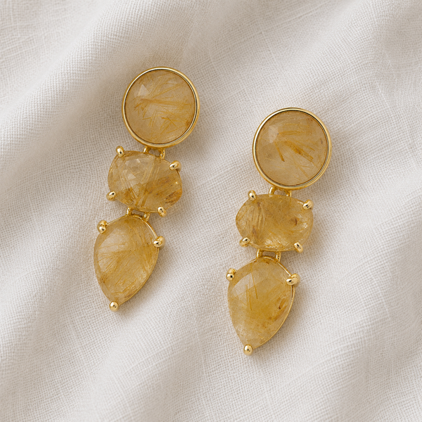 Golden Rutilated Quartz Sterling Silver Gold Plated Earrings