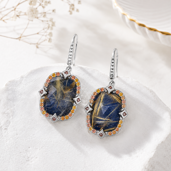 Lapis Doublet Designer Square Drop Earrings Sterling Silver Rhodium
