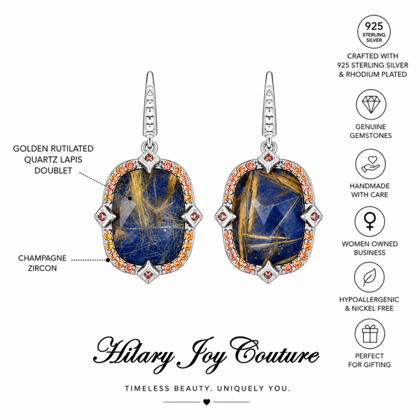 Lapis Doublet Designer Square Drop Earrings Sterling Silver Rhodium