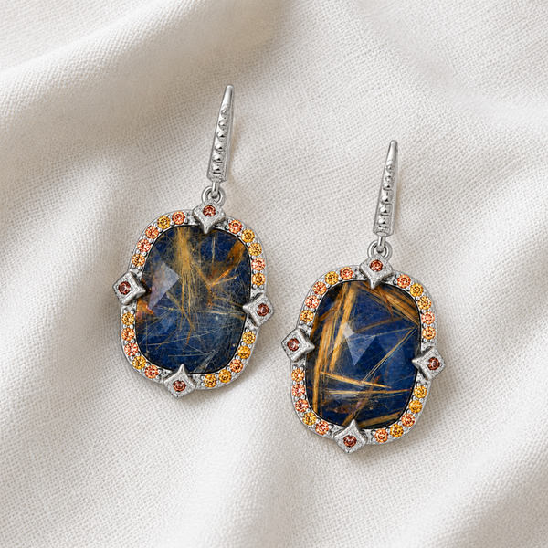 Lapis Doublet Designer Square Drop Earrings Sterling Silver Rhodium