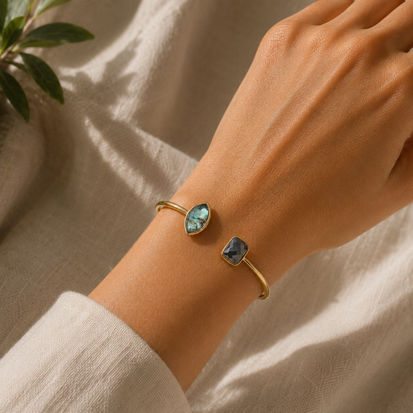 Gemstone Sterling Silver Gold Plated Cuff Hinged Bangle Bracelet