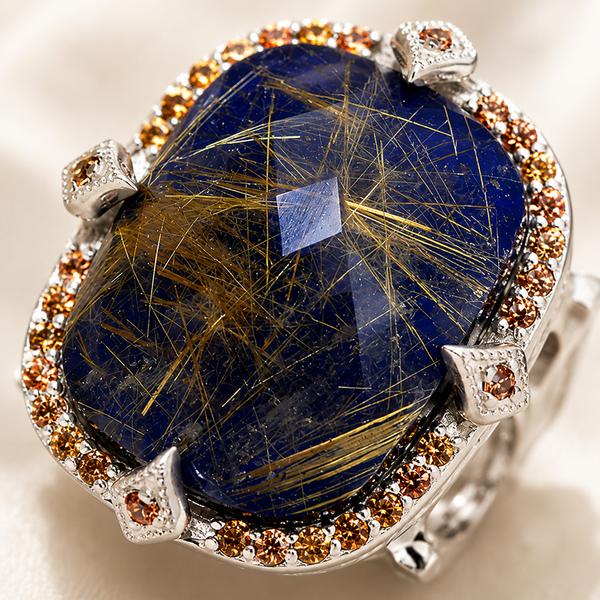 Lapis Lazuli Doublet Large Statement Cocktail Ring Sterling Silver Rhodium for Women