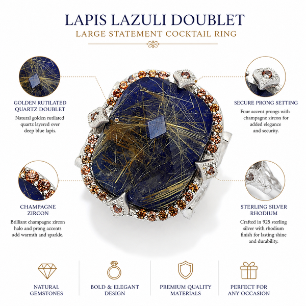 Lapis Lazuli Doublet Large Statement Cocktail Ring Sterling Silver Rhodium for Women
