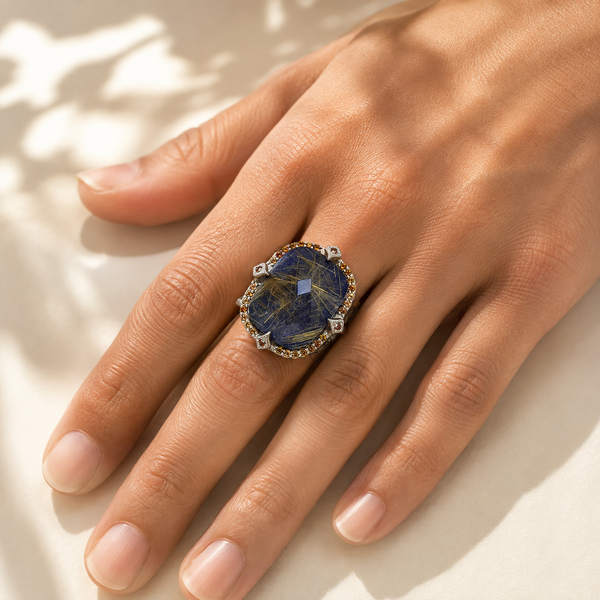 Lapis Lazuli Doublet Large Statement Cocktail Ring Sterling Silver Rhodium for Women