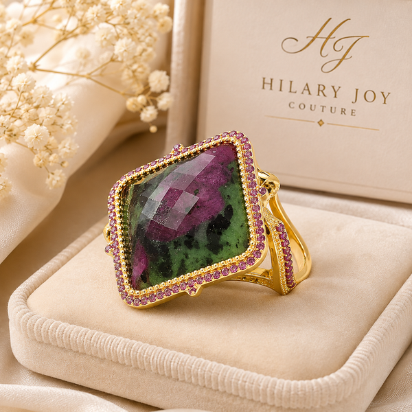 Ruby in Zoisite Large Gemstone Cocktail Ring Sterling Silver Gold Plated for Women