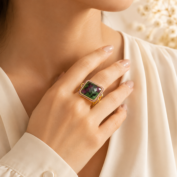 Ruby in Zoisite Large Gemstone Cocktail Ring Sterling Silver Gold Plated for Women