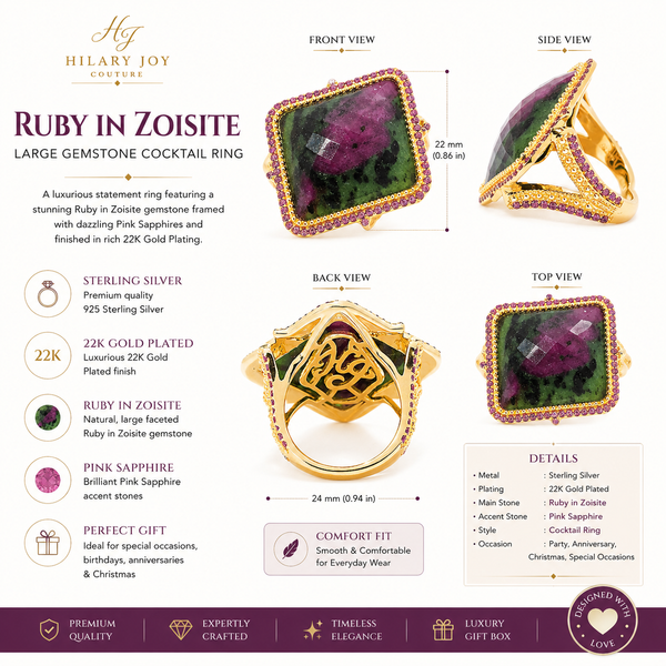 Ruby in Zoisite Large Gemstone Cocktail Ring Sterling Silver Gold Plated for Women