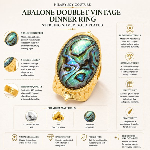 Abalone Doublet Vintage Dinner Ring Sterling Silver Gold Plated for Ladies