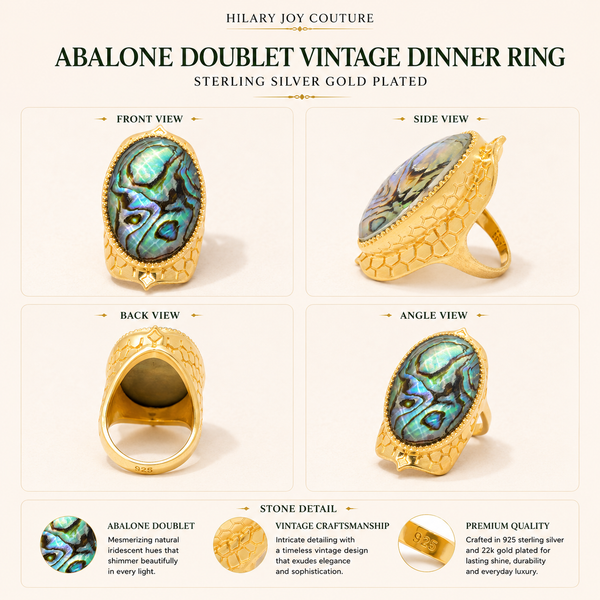 Abalone Doublet Vintage Dinner Ring Sterling Silver Gold Plated for Ladies