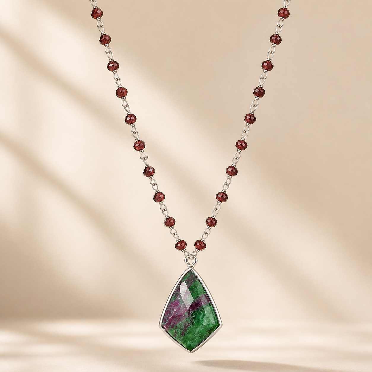 1327 - Kite Shaped Ruby in Zoisite Pendant Faceted Garnet Sterling Silver Rhodium