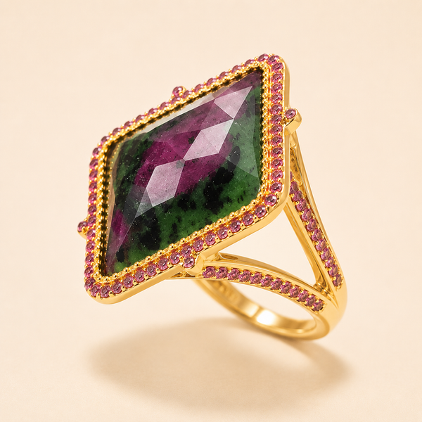 Ruby in Zoisite Large Gemstone Cocktail Ring Sterling Silver Gold Plated for Women