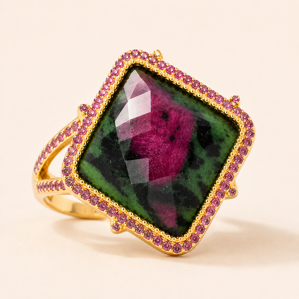 Ruby in Zoisite Large Gemstone Cocktail Ring Sterling Silver Gold Plated for Women