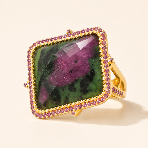 Ruby in Zoisite Large Gemstone Cocktail Ring Sterling Silver Gold Plated for Women