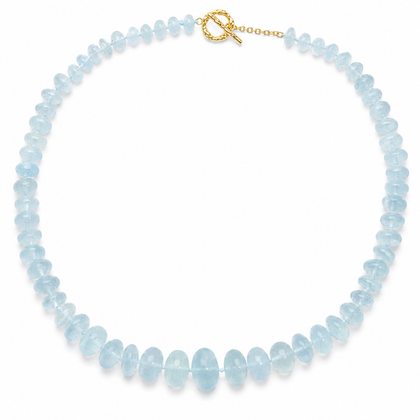 Blue Milky Aquamarine Bead Necklace in Sterling Silver 22k Gold Plated. 18"
