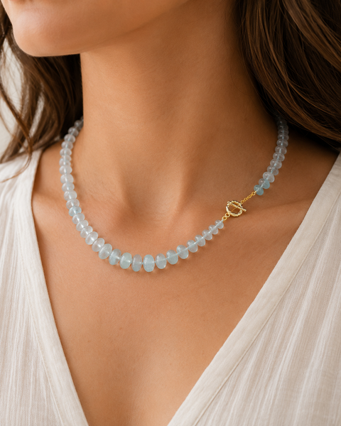 Blue Milky Aquamarine Bead Necklace in Sterling Silver 22k Gold Plated. 18"
