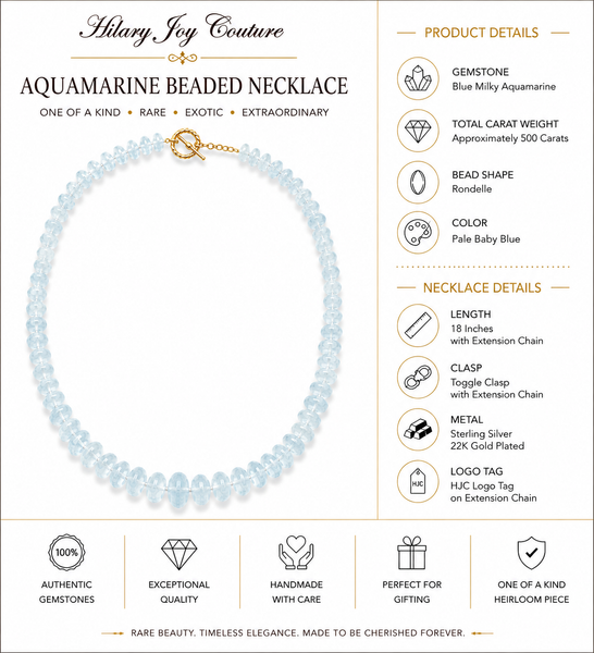 Blue Milky Aquamarine Bead Necklace in Sterling Silver 22k Gold Plated. 18"