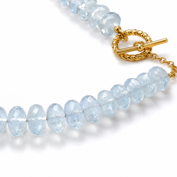 Blue Milky Aquamarine Bead Necklace in Sterling Silver 22k Gold Plated. 18"