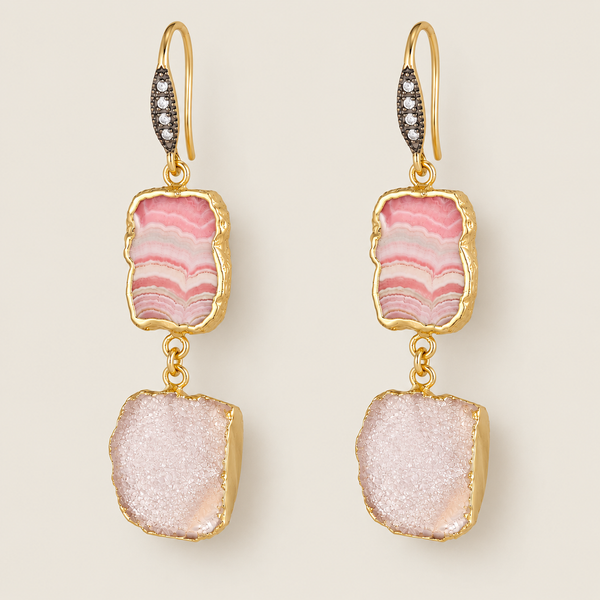 Rhodochrosite, Pink Druzy and Natural Zircon Sterling Silver Gold Plated Earrings