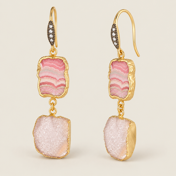 Rhodochrosite, Pink Druzy and Natural Zircon Sterling Silver Gold Plated Earrings
