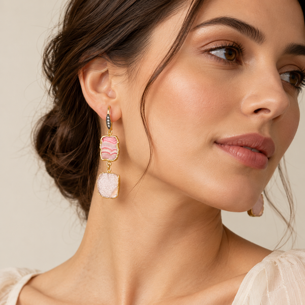 Rhodochrosite, Pink Druzy and Natural Zircon Sterling Silver Gold Plated Earrings