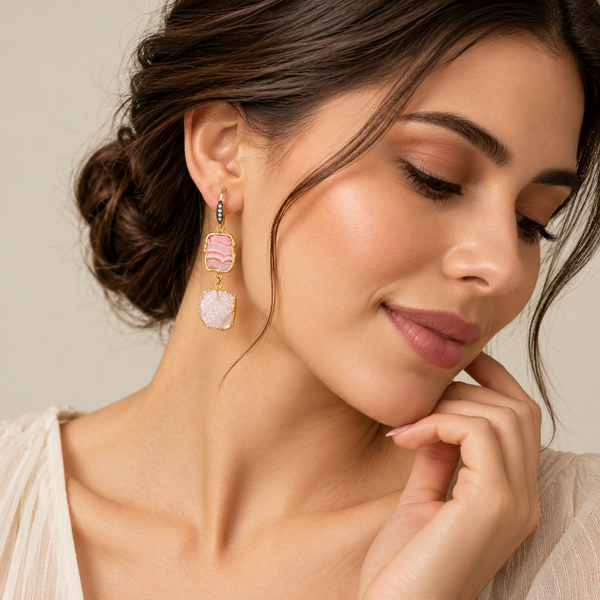 Rhodochrosite, Pink Druzy and Natural Zircon Sterling Silver Gold Plated Earrings