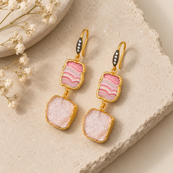 Rhodochrosite, Pink Druzy and Natural Zircon Sterling Silver Gold Plated Earrings