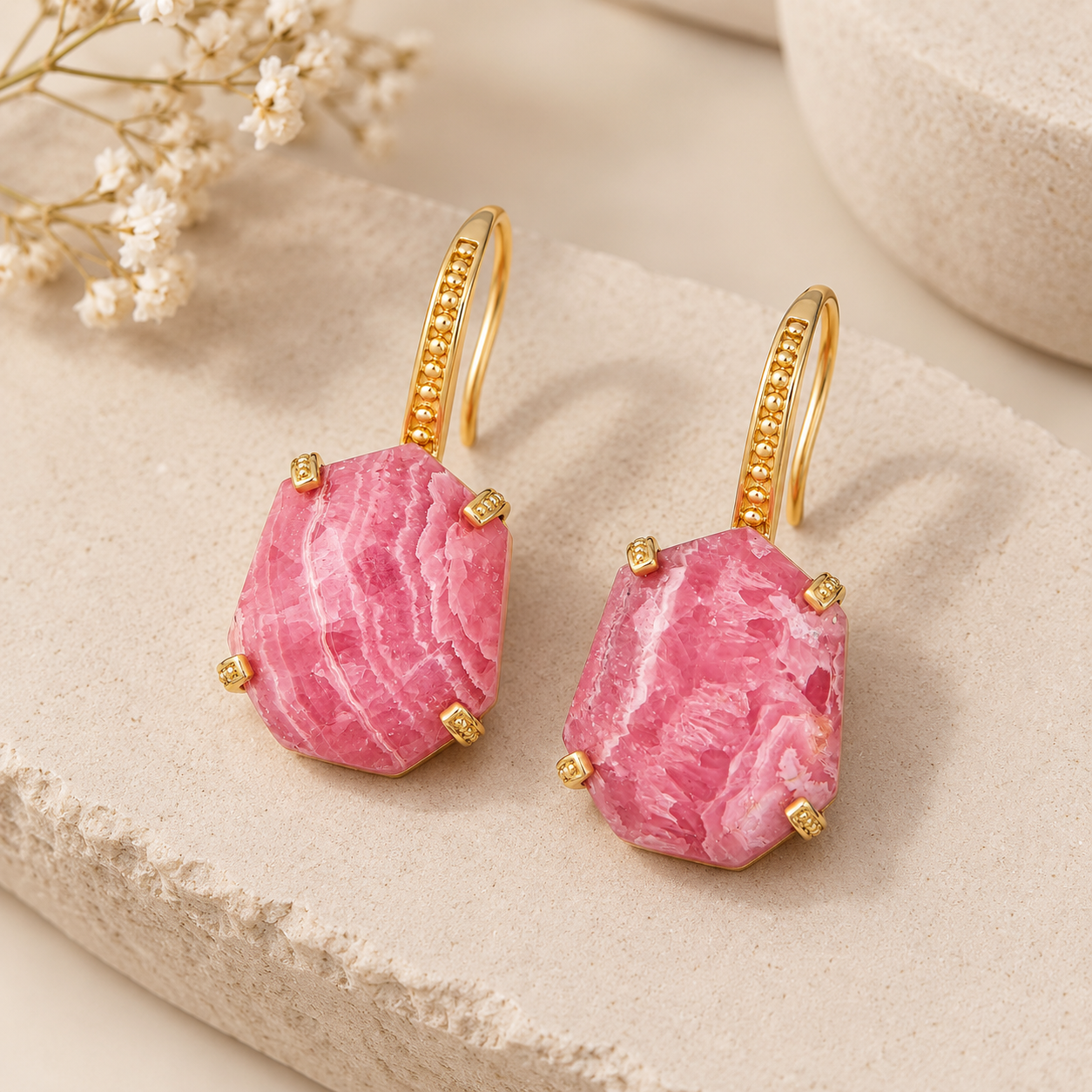 Rhodochrosite Sterling Silver Gold Plated Gemstone Drop Earrings