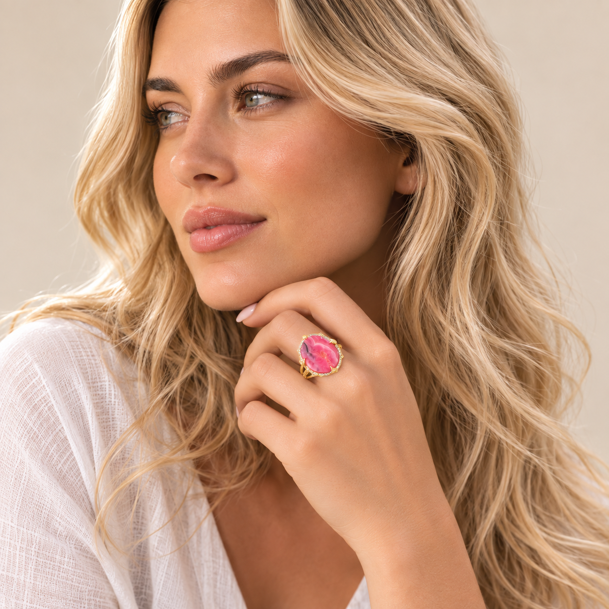 Rhodochrosite Large Gemstone Cocktail Ring Sterling Silver Gold Plated