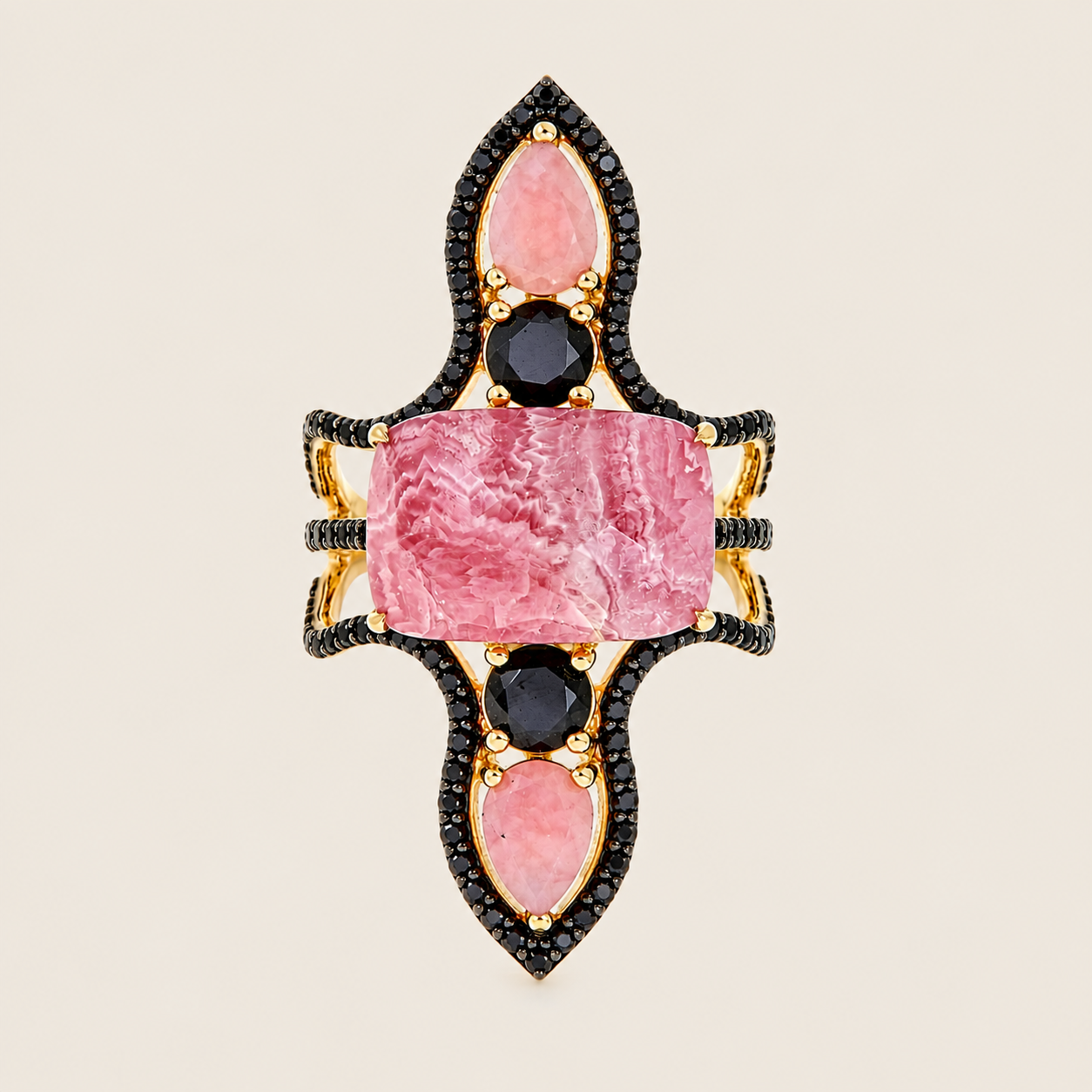Rhodochrosite and Black Spinel Vintage Dinner Ring Sterling Silver Gold Plated