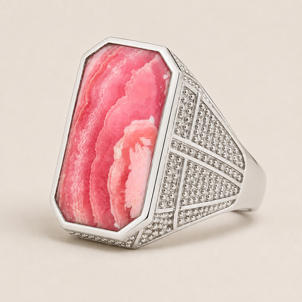 Rhodochrosite Vintage Dinner Ring Sterling Silver Rhodium for Women