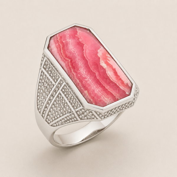 Rhodochrosite Vintage Dinner Ring Sterling Silver Rhodium for Women