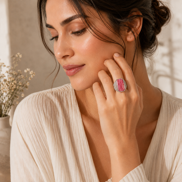 Rhodochrosite Vintage Dinner Ring Sterling Silver Rhodium for Women