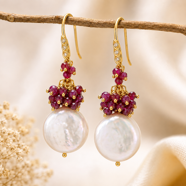 Ruby and Fresh Water Pearl Unique Dangle Drop Earrings Sterling Silver Gold Plated