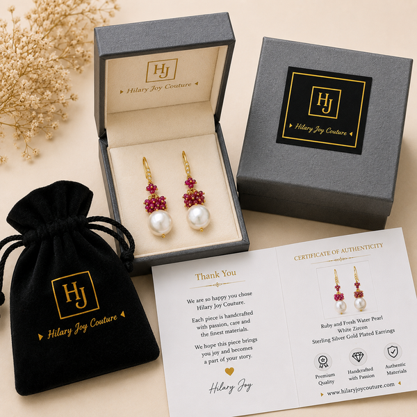 Ruby and Fresh Water Pearl Unique Dangle Drop Earrings Sterling Silver Gold Plated