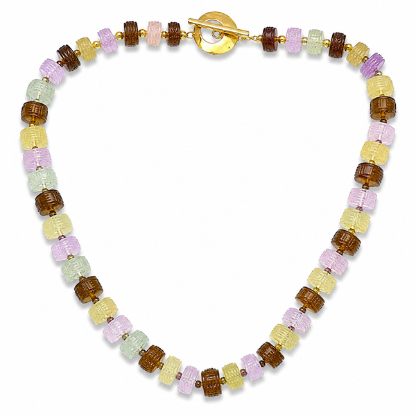 Multi Color Gemstone Necklace, 18" Sterling Silver Gold Plated Toggle Clasp