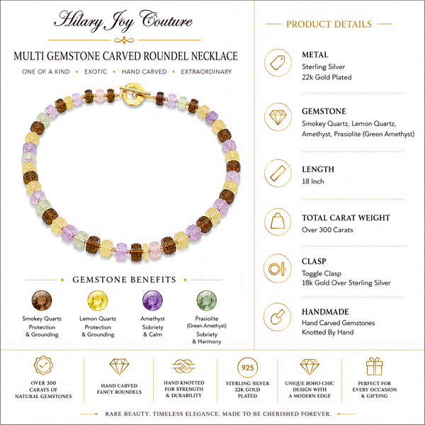 Multi Color Gemstone Necklace, 18" Sterling Silver Gold Plated Toggle Clasp