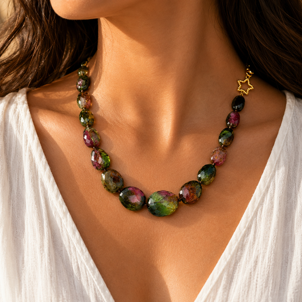 Multi Color Watermelon Tourmaline Beaded Necklace, 18 inch Sterling Silver 22k Gold Plated