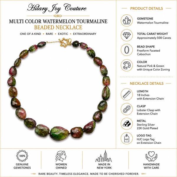 Multi Color Watermelon Tourmaline Beaded Necklace, 18 inch Sterling Silver 22k Gold Plated