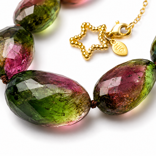 Multi Color Watermelon Tourmaline Beaded Necklace, 18 inch Sterling Silver 22k Gold Plated