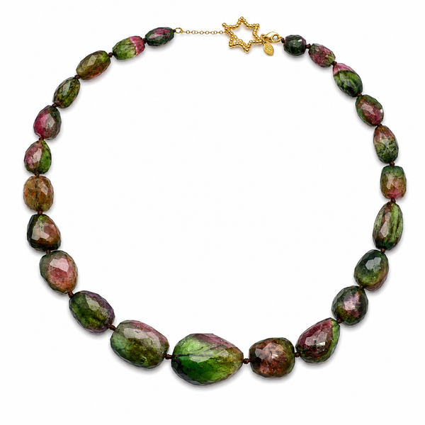 Multi Color Watermelon Tourmaline Beaded Necklace, 18 inch Sterling Silver 22k Gold Plated