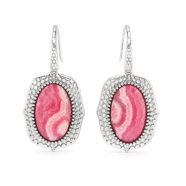 Rhodochrosite Sterling Silver Rhodium Gemstone Drop Earrings