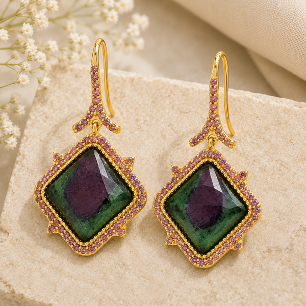 Ruby in Zoisite Gemstone Drop Earring Sterling Silver Gold Plated