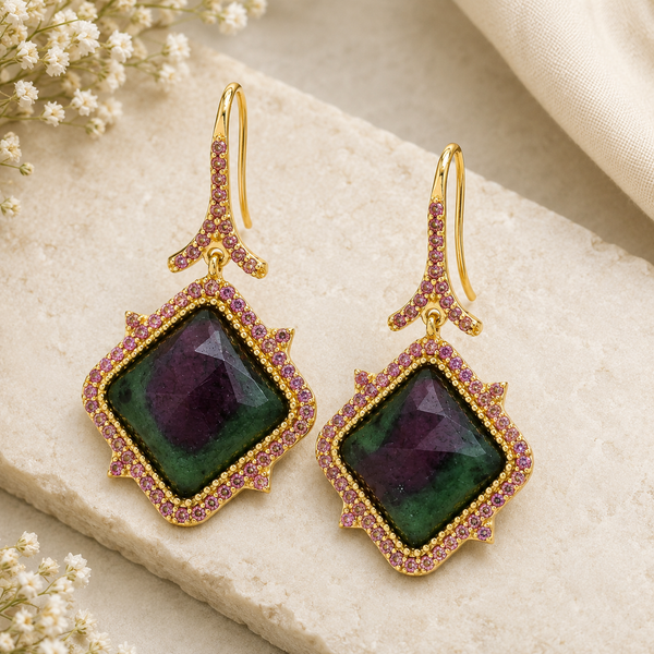 Ruby in Zoisite Gemstone Drop Earring Sterling Silver Gold Plated