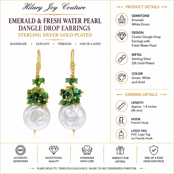 Emerald and Fresh Water Pearl Unique Dangle Drop Earrings Sterling Silver Gold Plated