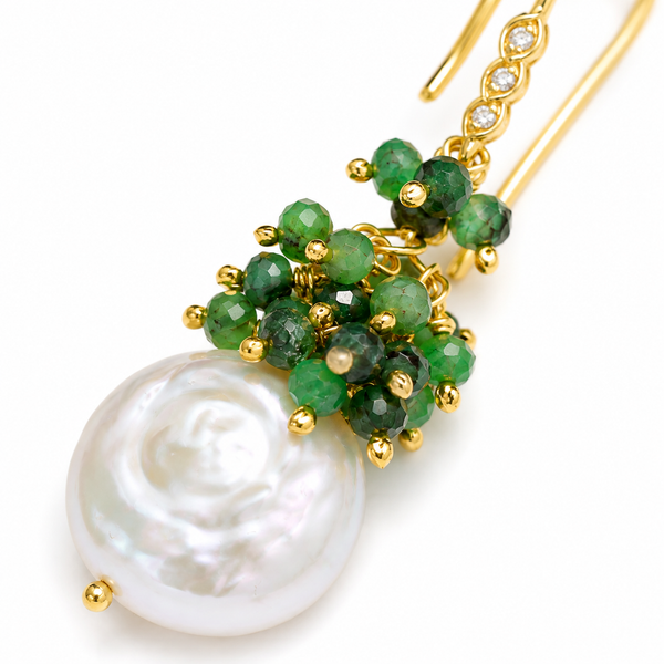 Emerald and Fresh Water Pearl Unique Dangle Drop Earrings Sterling Silver Gold Plated