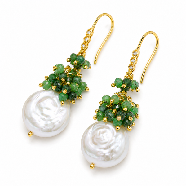 Emerald and Fresh Water Pearl Unique Dangle Drop Earrings Sterling Silver Gold Plated