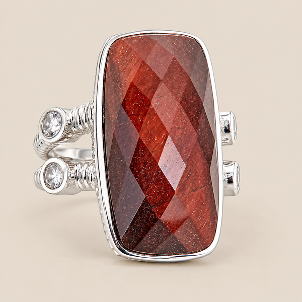 Red Tigers Eye Large Gemstone Dinner Ring Sterling Silver Rhodium for Women