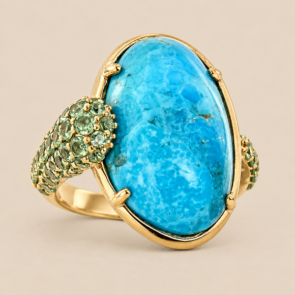 Kingman Turquoise Statement Dinner Ring Sterling Silver Gold Plated for Women