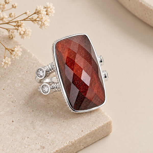 Red Tigers Eye Large Gemstone Dinner Ring Sterling Silver Rhodium for Women